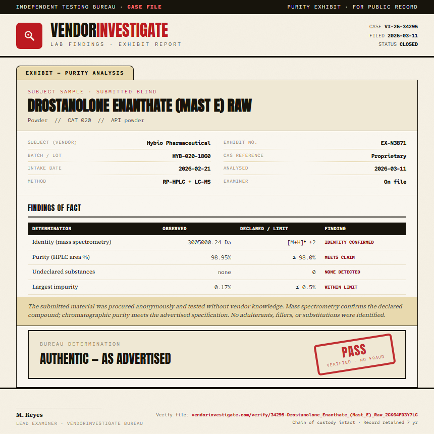 Drostanolone Enanthate (Mast E) Raw Purity (HPLC) report by VendorInvestigate