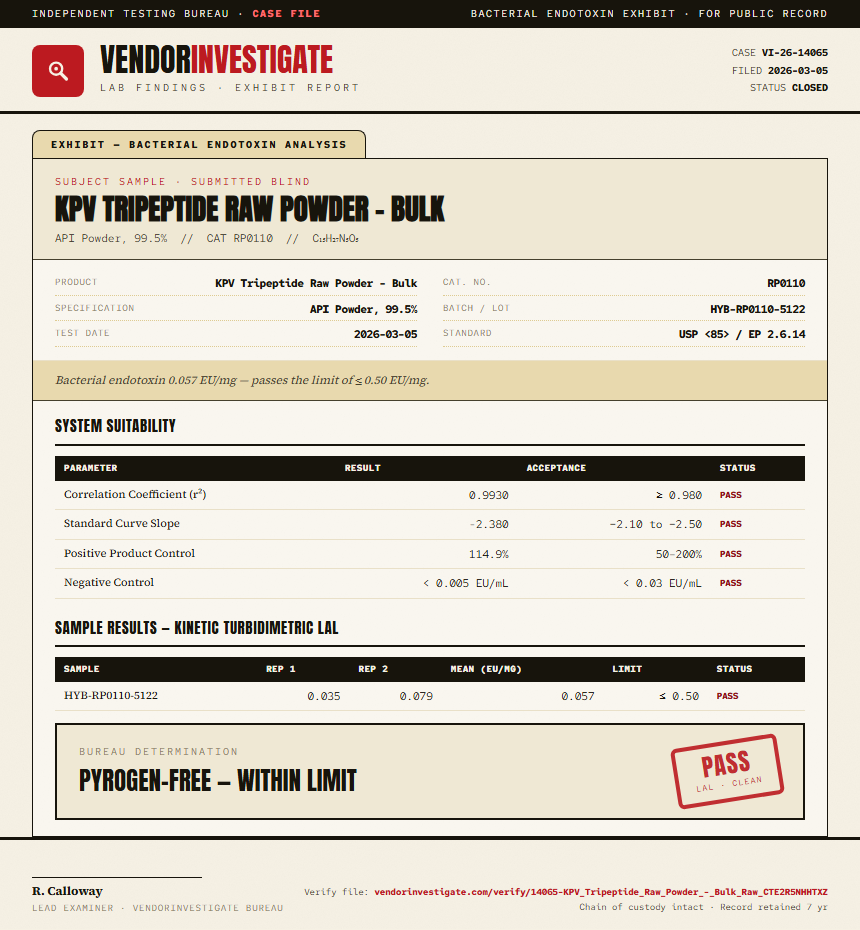 KPV Tripeptide Raw Powder - Bulk Endotoxin report by VendorInvestigate